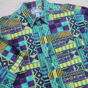 Introspect Shirt Mens Large 90s Multicolor Geometric S/S Button Up Cotton Casual